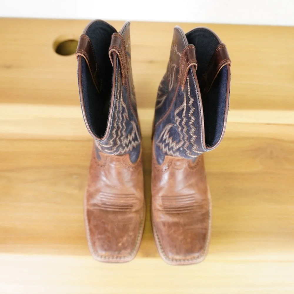 Ariat Western Boots Kids 3 Brown Navy Blue Leather Square Toe Stitched Western